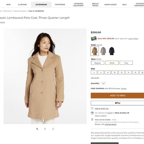 LL Bean Women's Classic Lambswool Polo Coat, Three-Quarter Length - Picture 9 of 9